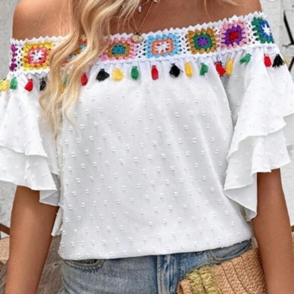 Granny Square White Off-Shoulder Top with Colorful Accents
